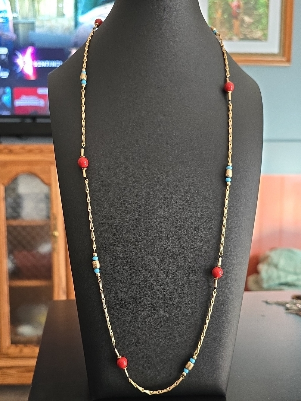 Avon Gold-Tone Chain Necklace with Red and Turquoise Beads
